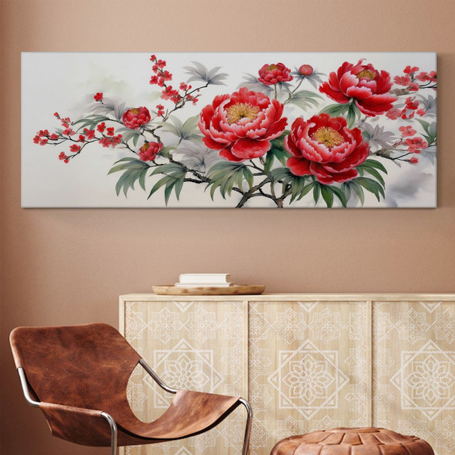 풍수 부귀목단 동양화 와이드 모란꽃 재물운 금전운 거실 인테리어 캔버스액자 3종 사무실 인테리어 개업선물 집들이선물, 02.소원성취목단