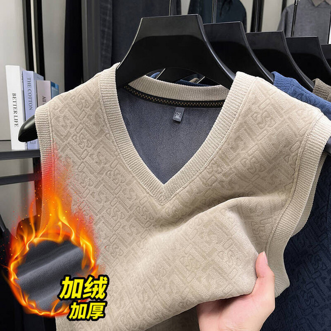 V領加絨加厚保暖背心 中老年爸爸裝 寬鬆商務休閒搖粒絨馬甲背心