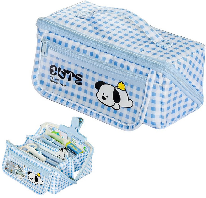 SC FMCG 컬러풀 지퍼개방형 대용량 필통 수납 패브릭 펜파우치, 1개, 블루 강아지