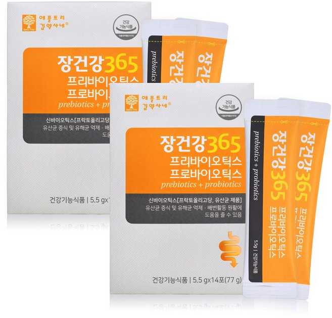 장건강 365 프리 프로 바이오틱스 분말 스틱 락토바실러스 유산균 가루 장내 유익균 증식 프락토올리고당 함유, 77g, 2박스