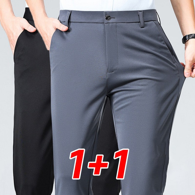 Izeriel 1+1 정장 바지 남성 여름 슬림핏 아이스 실크 정장 슬랙스 블랙 직선핏 비즈니스 캐주얼 바지 구김 방지 기능성 팬츠