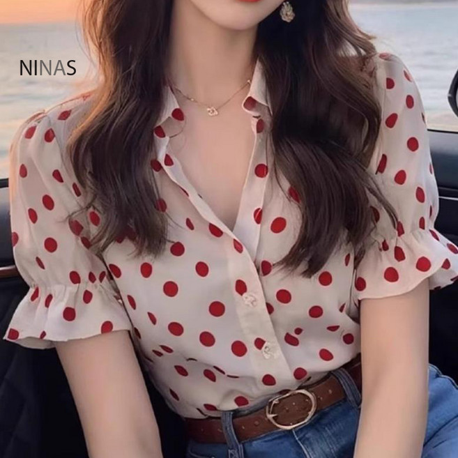 여성 도트 블라우스 레드 땡땡이블라우스 셔츠 반팔 브라우스 퍼프소매