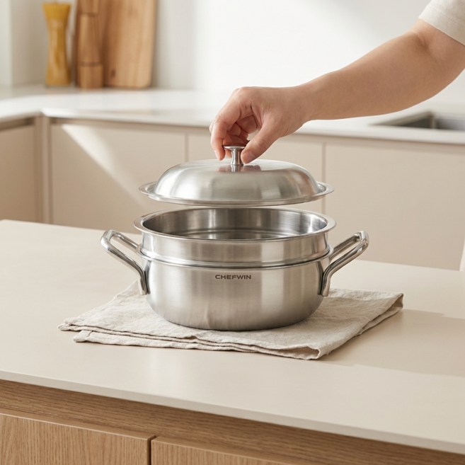 쉐프윈 304STS 스텐 냄비 올인원 멀티쿠커 저당찜기 22cm, 1개, 실버