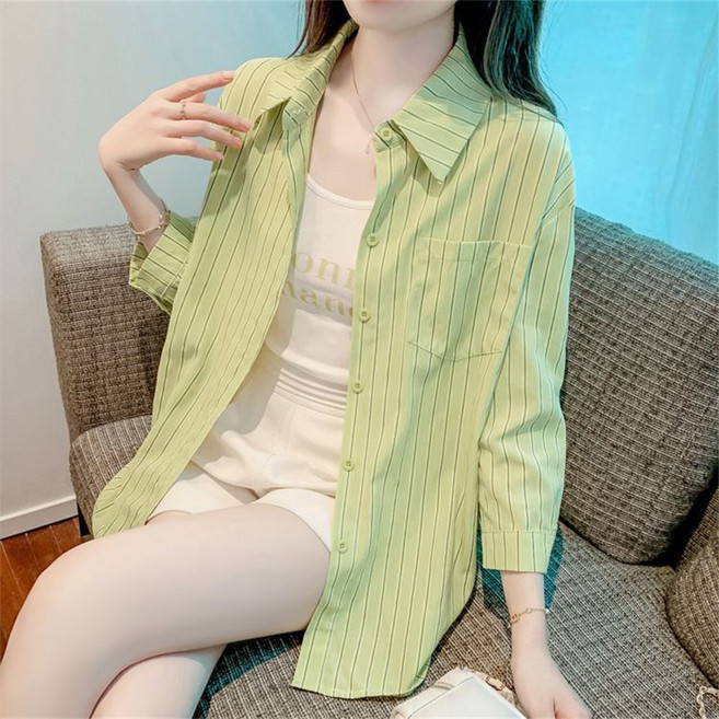 VEZRI 여성 봄 여름 스트라이프 긴팔 캐주얼 셔츠 오버핏