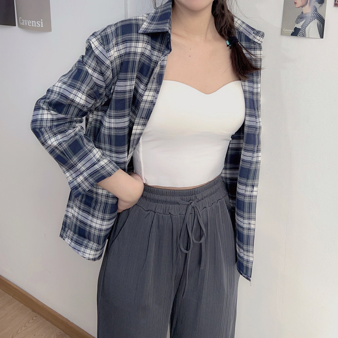 【Cavensi】實拍 加大尺碼 復古寬鬆 格子長袖襯衫
