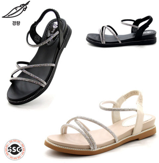 [플랫 스트랩샌들 초경량 미끄럼방지 고무창 3.5cm] 안신은듯 가볍고 발볼편한 여름 여성 시원한 큐빅장식 뒷밴딩