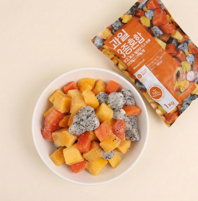 산들네이처 혼합과일 다이스 (망고 용과 파파야) 냉동망고 냉동용과 냉동파파야 1kg, 1개