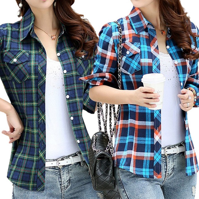 로로비 [1+1] 슬림핏 면 여성셔츠 면 여성체크남방 긴팔 셔츠 블라우스