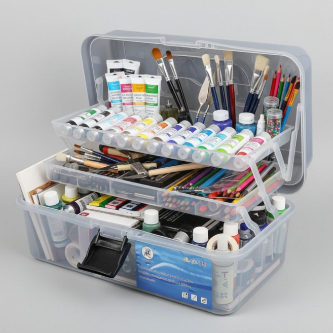 리커전 3단 화구박스 공구박스 미술도구함 공구통 투명