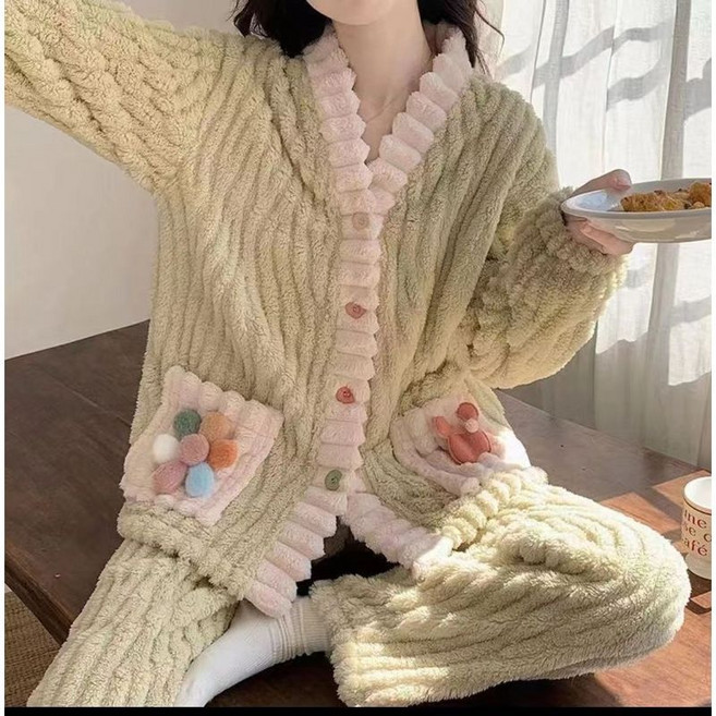 女秋冬慵懶風彩虹鈕扣開衫睡衣兩件套