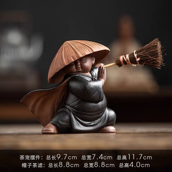 茶濾 茶葉過濾網 茶具漏斗 和尚茶漏茶濾擺件紫砂家用茶葉過濾網過濾陶瓷茶器創意茶具配件, 1個, 朱泥斗笠+小和尚