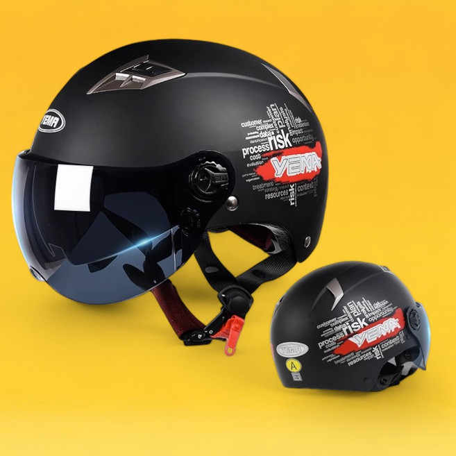 웨인즈 가벼운 소두핏 헬멧 자토바이 하이바 여자 스쿠터 여름 반모 헬맷 오토바이 배달, 블랙, 블랙쉴드