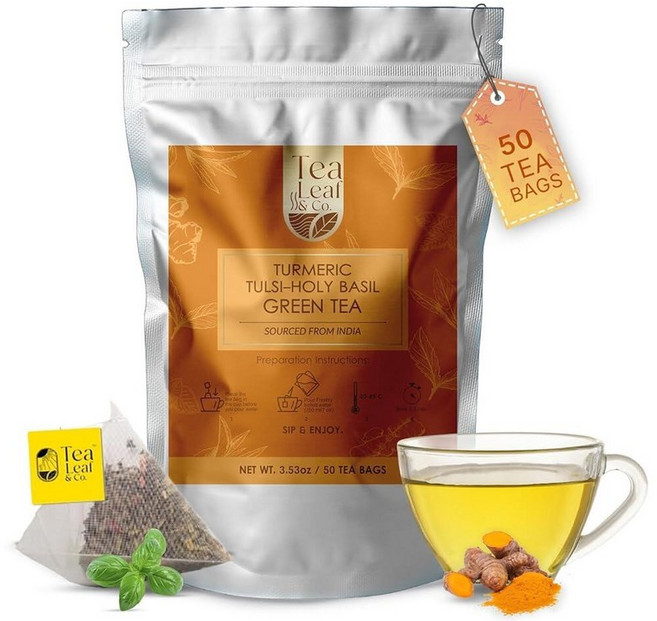 Tealeaf & Co. 얼 그레이 마살라 차이 루즈 리프 티 (100gm/3.5온스) - 카다몬 시나몬 흑후추 정향 및 베르가못 오일이 함유된 홍차 - 향긋한 향신료 차, 강황 툴시 (티백 50개), 1