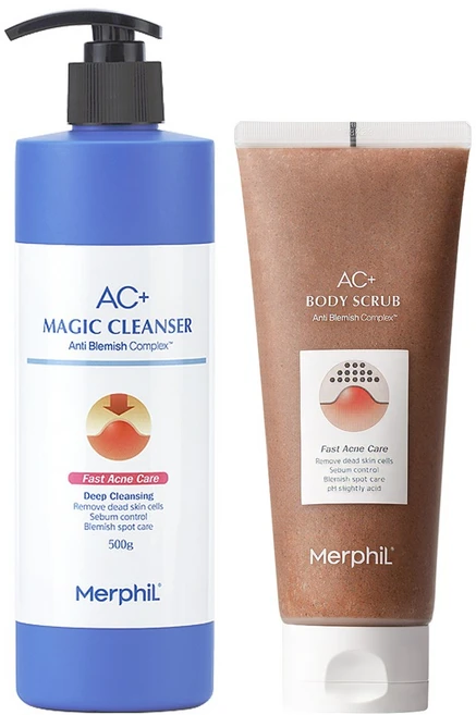 메르필 허가받은 등드름 개선 AC+ 바디워시 500g & 여드름개선 기능성 바디스크럽 200ml, 1세트 - 쿠팡