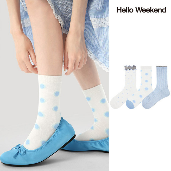 Hello Weekend 여성 양말 귀여운 봄여름 양말 장목 양말 중목 양말 운동 압박 면 양말 3족 세트