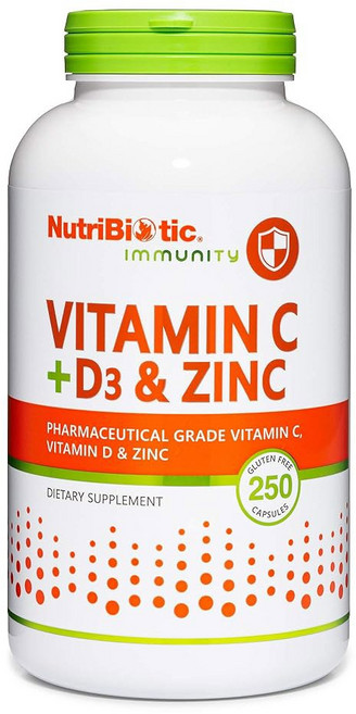 뉴트리바이오틱 u2013 C + D3 & 아연 250캡슐 | 강력하고 종합적인 면역 지원, 250 Count (Pack of 1), 1개