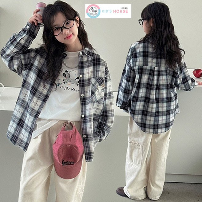 키즈목마 여아 체크셔츠 봄 가을용 주니어 아동 자수셔츠 봄 긴팔 아우터863