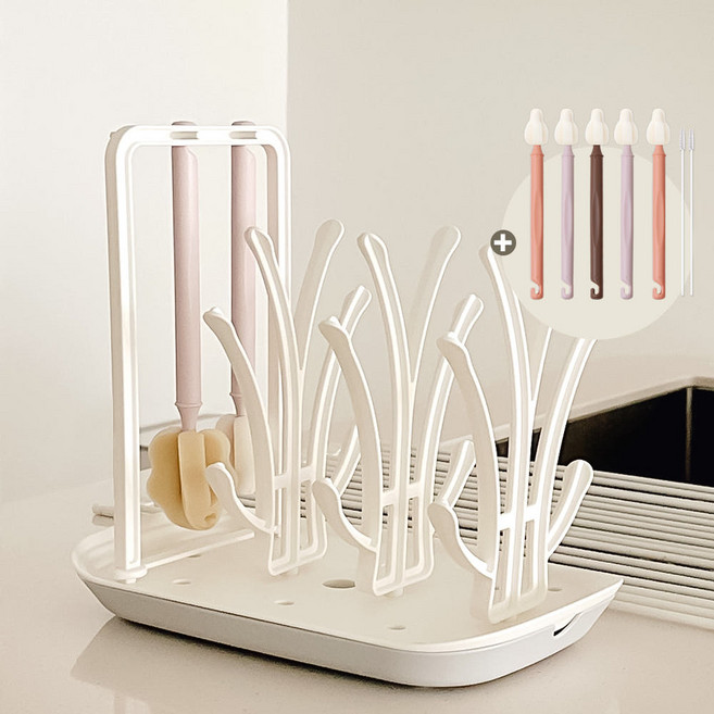 하이비 젖병건조대+몽글이 젖병솔세트, 롱미니솔5P+먼지캡3P, 올리브그린, 건조대(젖병솔거치대)