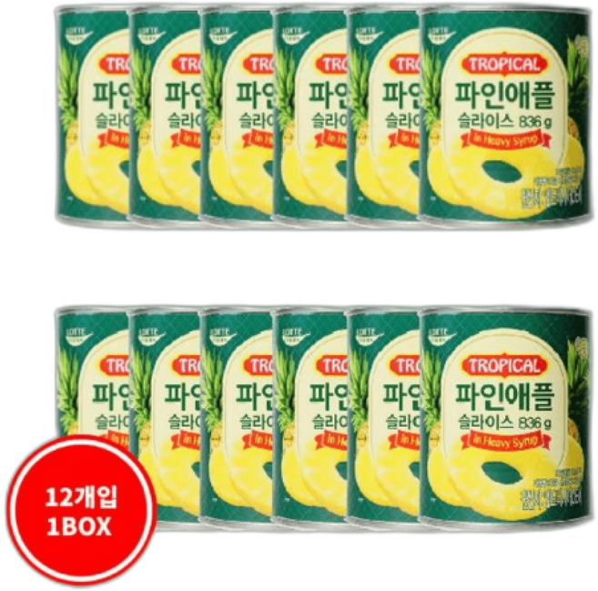 롯데 파인애플 슬라이스 화채 팥빙수 간식 /, 836g, 12개