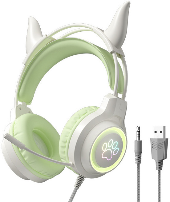 귀여운 고양이 귀 유선 게이밍 헤드셋 마이크 볼륨 조절 헤드폰, 그린