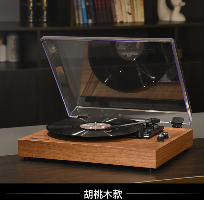 黑膠唱片機電唱機留聲機內置雙喇叭音箱臺式亞克力防塵蓋藍牙連接, 美規/中規, 深棕色