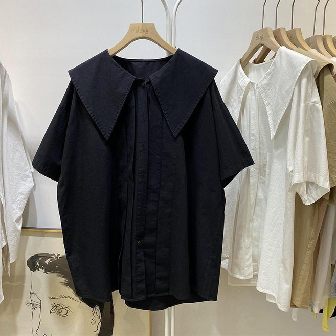 WEIHAN 여성 빅터틀넥 반팔 셔츠 빅사이즈 오버핏 여자 블라우스 여름 남방 4Color