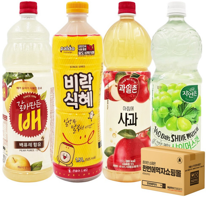 [한번에먹자] 1.5L 대용량 혼합세트 / 비락식혜 + 자연은 샤인머스캣 + 아침에사과 + 갈아만든배 / 각1개씩, 4개