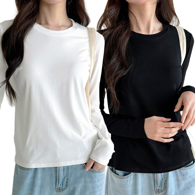 비오라 여성 기본 긴팔 모달 티셔츠 라운드티 2종세트