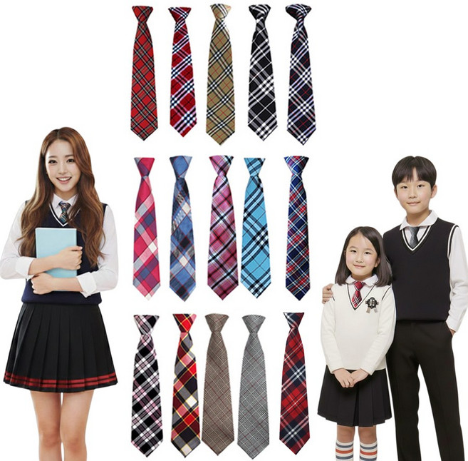 체크넥타이 주니어 성인 남여공용 자동넥타이 부엉이다락방 길이35cm 체크숏타이