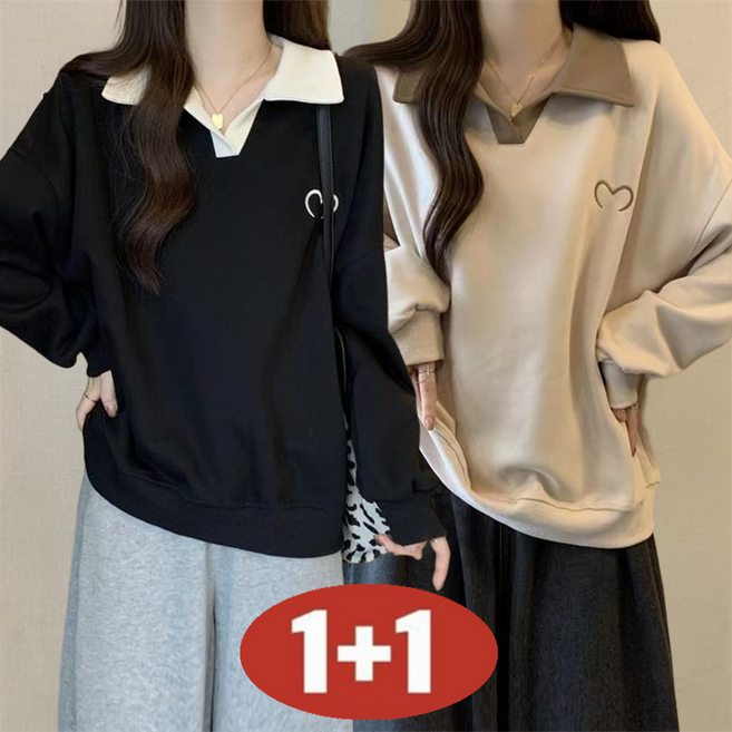 오스틱니(완전 편한) 100kg까지 빅사이즈 1+1 여성 봄가을 초특가 날씬해 보이는 셔츠 넥 디자인 감각 외출용 간절기 긴팔 맨투맨