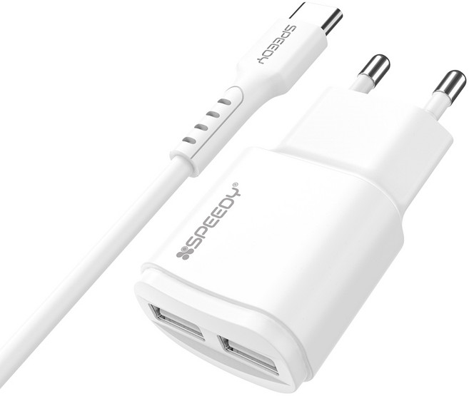 스피디 2포트 5V 2A 저전력 저속 USB 멀티 충전기, 1개, 화이트+C타입케이블