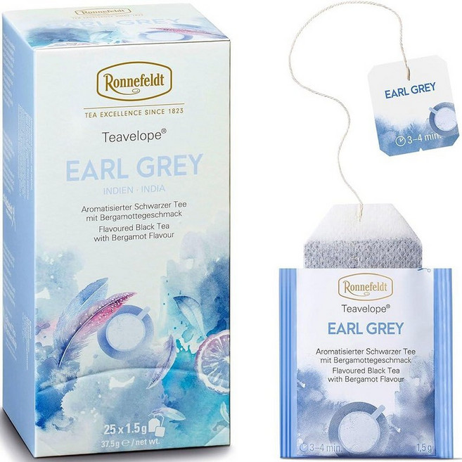 Ronnefeldt Teavelope 얼 그레이 - 베르가못 향이 나는 향 홍차 인도 백 티 개별 포장 25개 - 강하고 매끄러움 카페인 함유 - 핫 또는 아이스, 1.5g