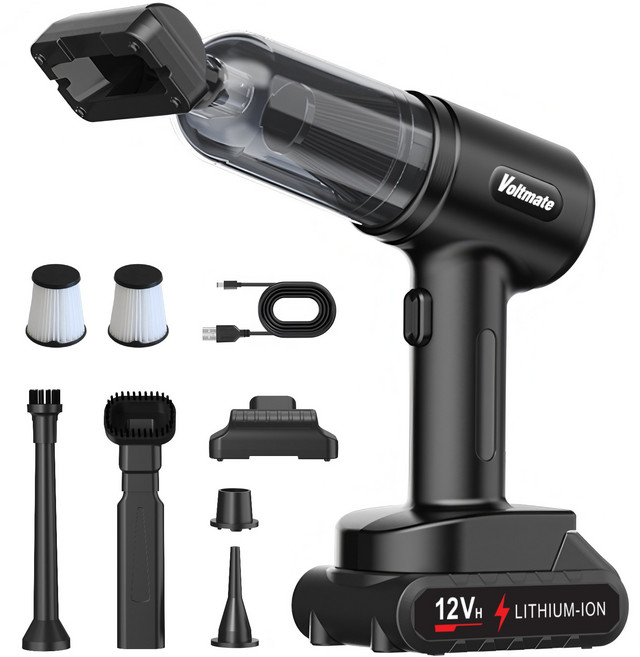 Voltmate 16000Pa 2단 조절 BLDC 강력 무선 리튬 배터리 핸디 차량용 청소기 LED 조명 배터리 잔량 표시 Type-C 포트, 블랙, VC033