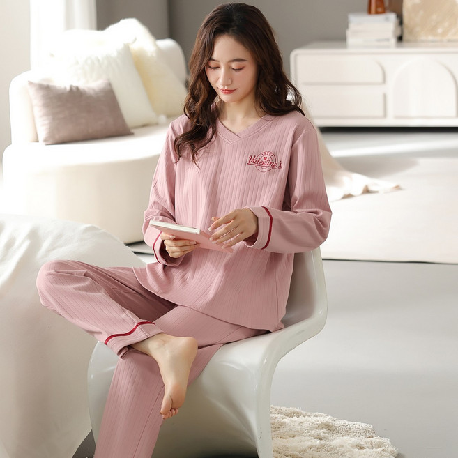 BAJAOEY (바자오이) 여성 보들보들 면 홈웨어 긴팔 실내복 파자마 잠옷 상하의 세트