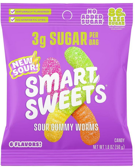 SmartSweets - 사워 젤리 벌레 (51g(1.8온스) 14팩) - 저설탕 젤리 캔디 저칼로리 천연 맛 글루텐 프리 스낵 어린이 청소년 및 성인용, SmartSweets , 사워 젤리 벌레 (51g(1.