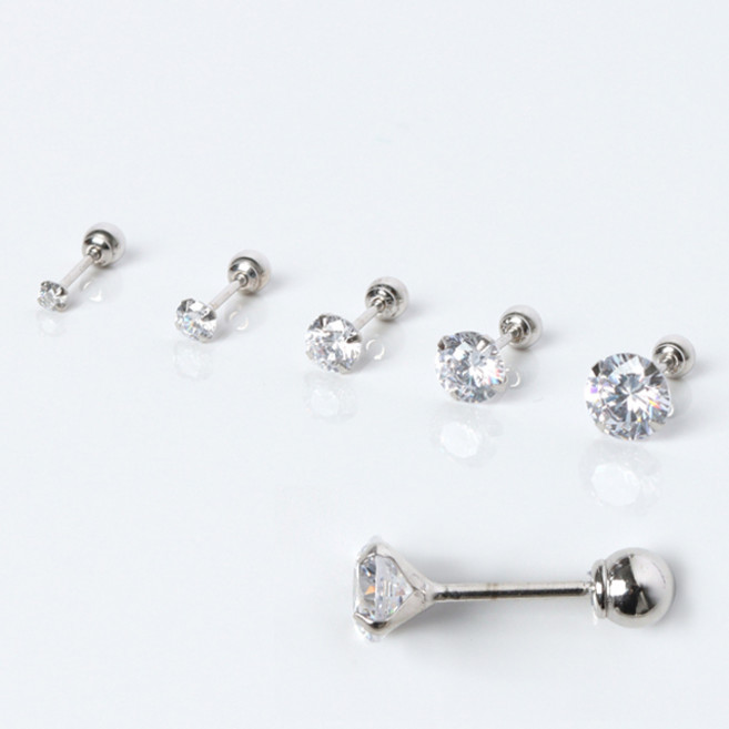 오로프 전체 14K 금 화이트골드 프레스 큐빅 피어싱 2~6mm 4바 6바 8바 (낱개1개 기준)