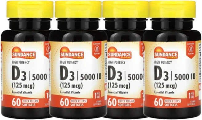 2+2 Sundance Vitamins 고효능 비타민 D3 125mcg 5000IU 60정, 4개 - 쿠팡