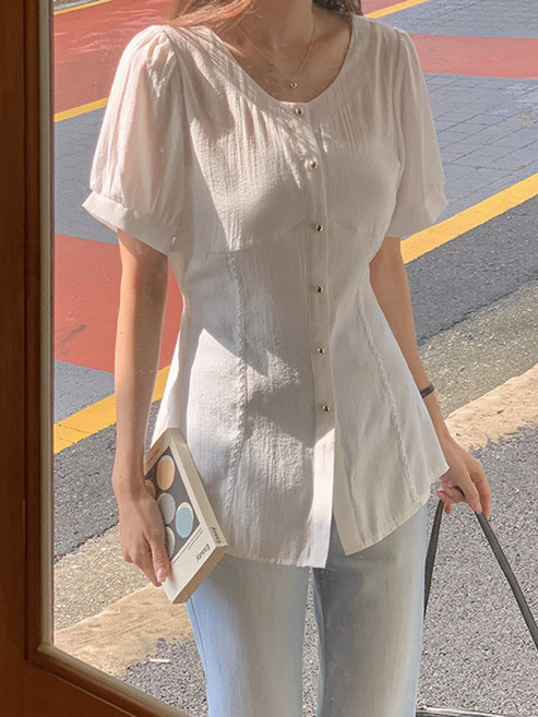 [리리앤코] 렌히쥬 텐셀 퍼프 소매 은장 콩단추 블라우스