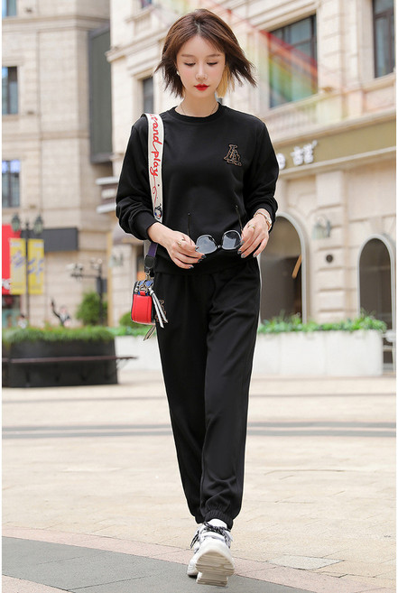 春秋季字母刺繡運動服套裝女圓領長袖衛衣休閒兩件套