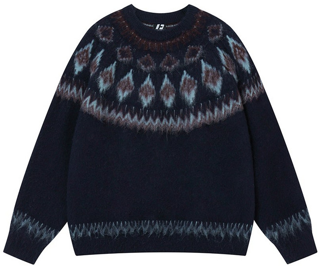 스타일닥터 니트 스웨터 남녀 공용 겨울 라운드넥 자카드 패턴 양모 혼합 스웨터 클래식 빈티지 따뜻하고 보온성 좋은