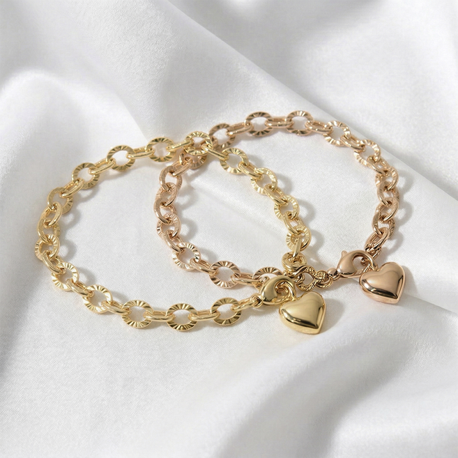 엘렌쥬얼리 14K 할로우 컷팅 써클 링 하트 체인 금 팔찌