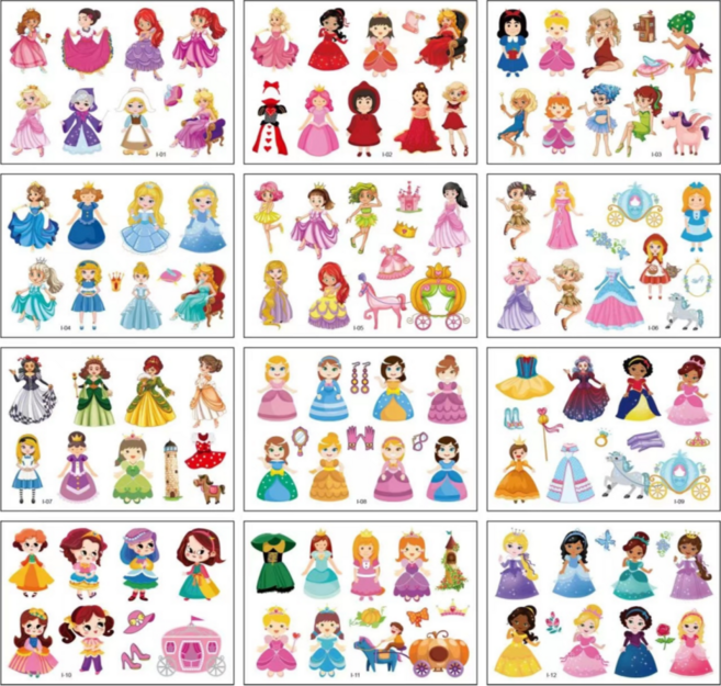 KC인증 디즈니공주 어린이 타투스티커 프린세스 여아 판박이 야광 놀이 꾸미기 집콕놀이 스티커, I-12종, 1개, 공주
