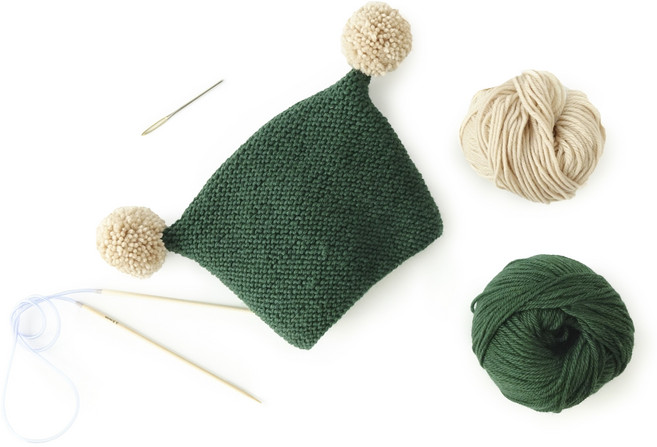 신생아 사이드 폼폼 모자 - Knitting Kit, 포레스트그린/베이지, 1개