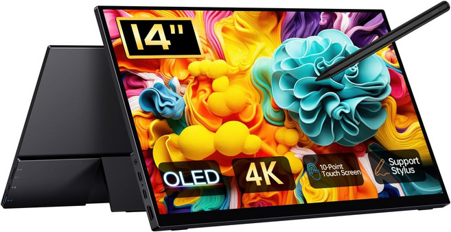 14인치 4K 휴대용 모니터 OLED 터치스크린 UHD 3840X2400p 100% DCI-P3 100000:1 킥스탠드 및 노트북 맥 PC용 슬리브가 있는 USB-C HDMI, Matt Black 14