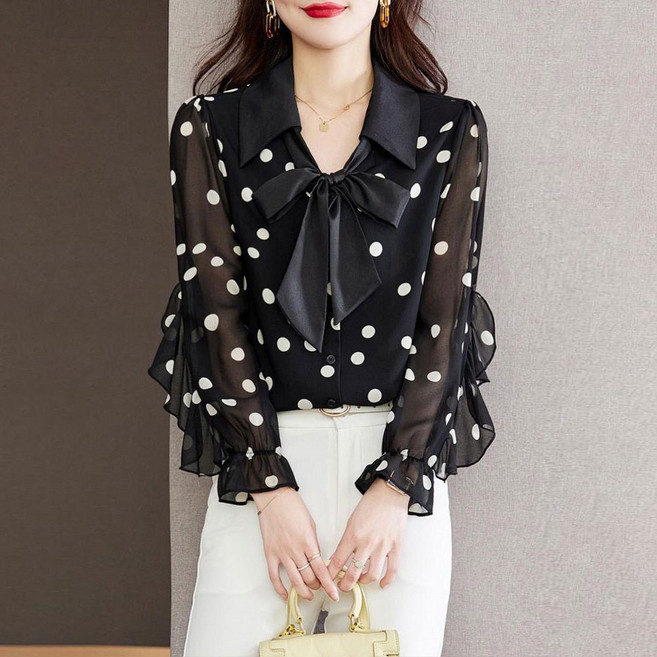 TKX 여성 봄가을 도트 무늬 리본타이 블라우스 셔츠 이너티 면접 하객룩 남방