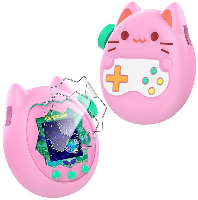 1개+2장세트 For Tamagotchi Paradise 케이스 + 필름 (2장) 다마고치 파라다이스 케이스 커버 실리콘 낙하 보호 충격방지 Lucktree 보호필름 TPU 소재, 1개