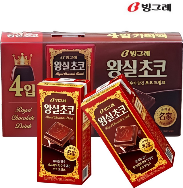 빙그레 왕실 초코 우유 190ml (4팩) 초콜릿 멸균우유, 4개