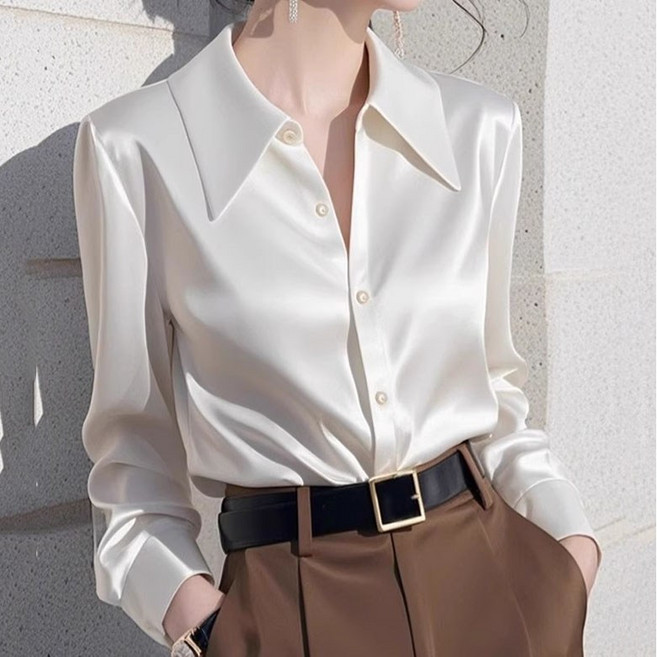 FANSYLI 여성 셔츠 결혼식 하객룩 솔리드 심플 터틀넥 셔츠 오피스룩 베이직 긴팔 블라우스 X2603M28