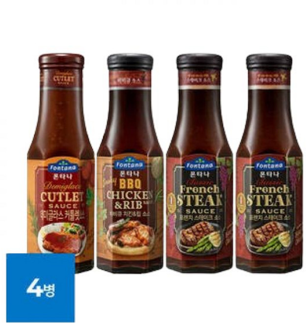 폰타나 스테이크 소스 265g 2개 + 바비큐치킨 립 소스 285g 1개 + 데미글라스 커틀렛 소스 280g 1개, 2. 프렌치 스테이크 소스 265g 4병, 4개