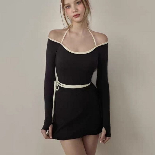 ANYOU 여성 여름 수영복 패션 긴팔 보수 원피스 수영복+치마 세트, 블랙